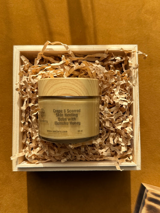 BeeZerts Medical Grade Manuka Honey Crepe & Wrinkle & Eczema Healing Balm w/ Burned Wood Box