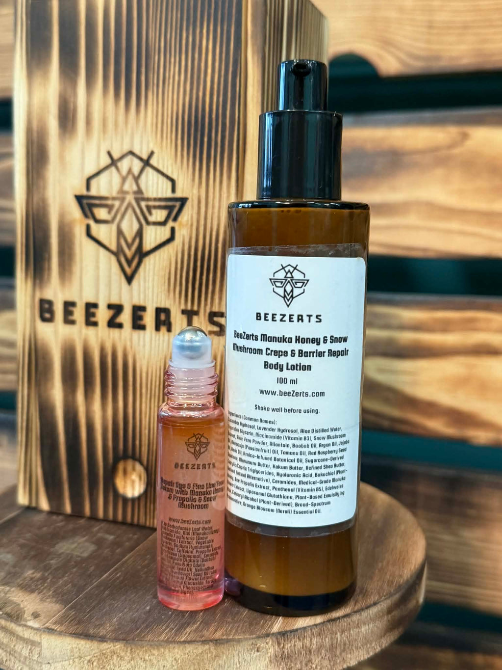 Crepe & Barrier Support Body Moisturizer & Lotion and Eye/Face Fine Line Serum in Burned Wood Box