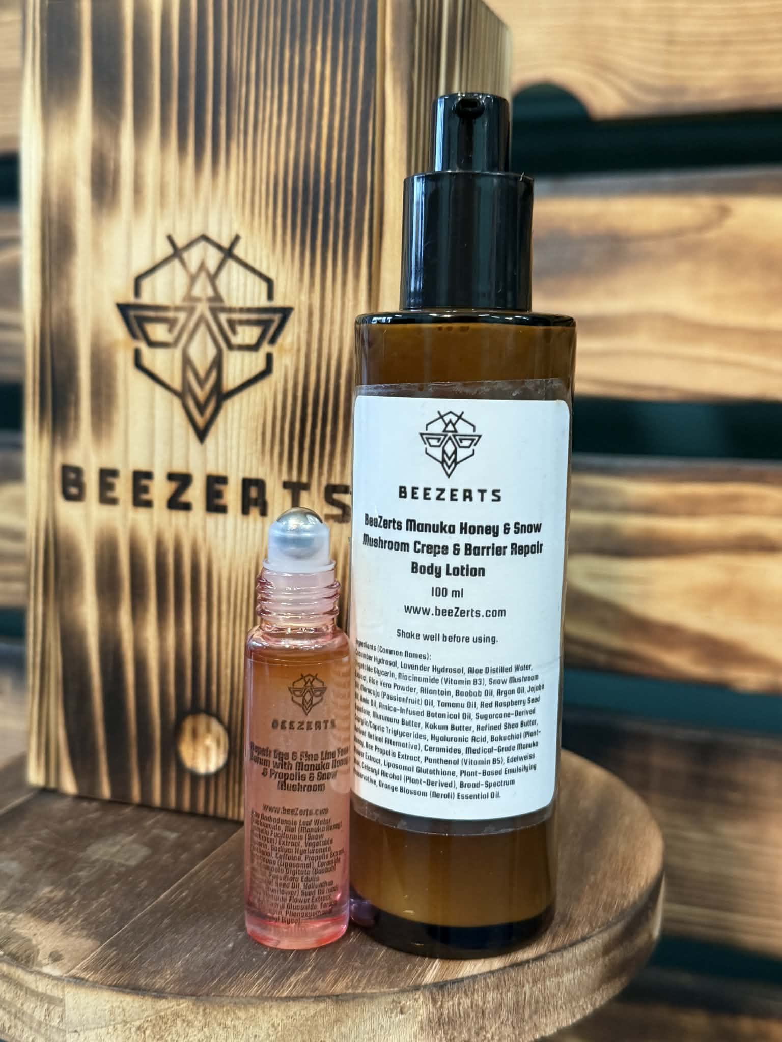 Crepe & Barrier Support Body Moisturizer & Lotion and Eye/Face Fine Line Serum in Burned Wood Box