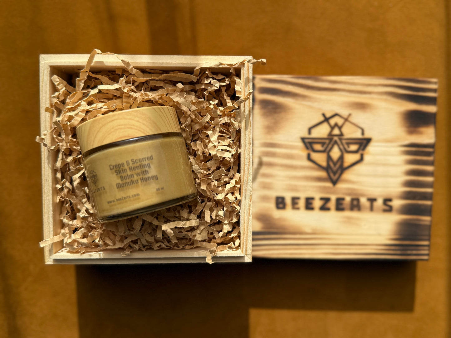 BeeZerts Medical Grade Manuka Honey Crepe & Wrinkle & Eczema Healing Balm w/ Burned Wood Box