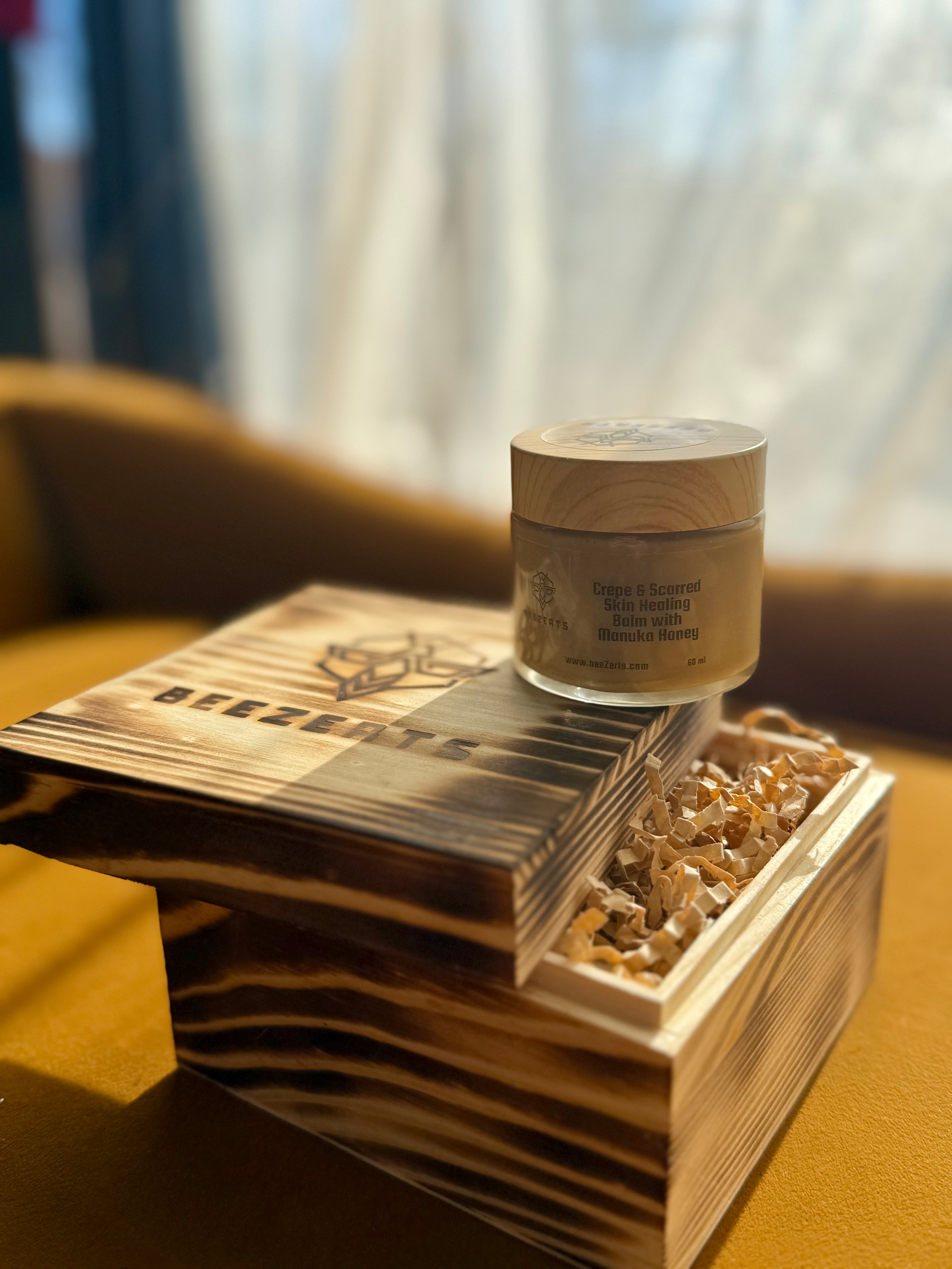 BeeZerts Medical Grade Manuka Honey Crepe & Wrinkle & Eczema Healing Balm w/ Burned Wood Box