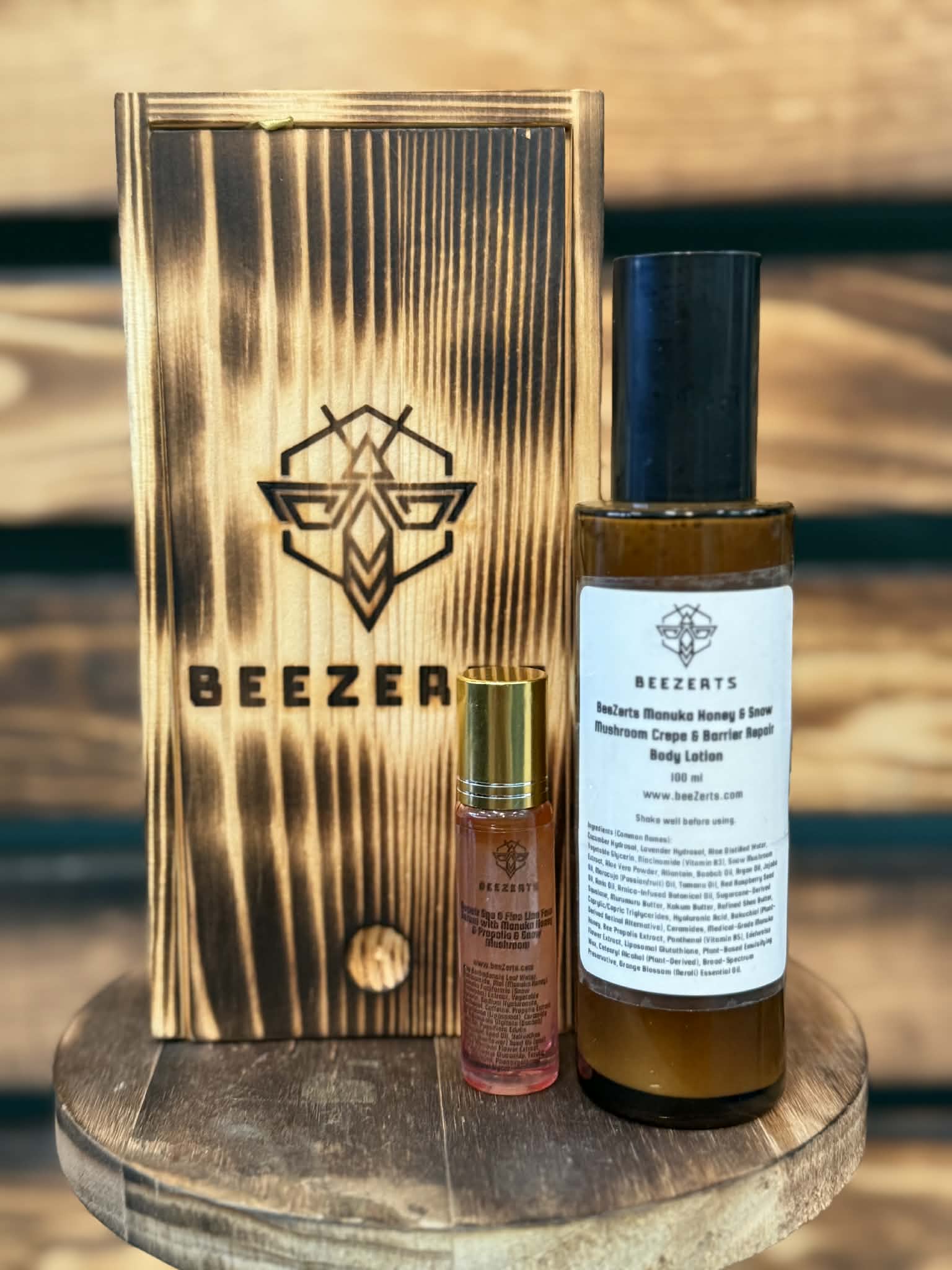 Crepe & Barrier Support Body Moisturizer & Lotion and Eye/Face Fine Line Serum in Burned Wood Box